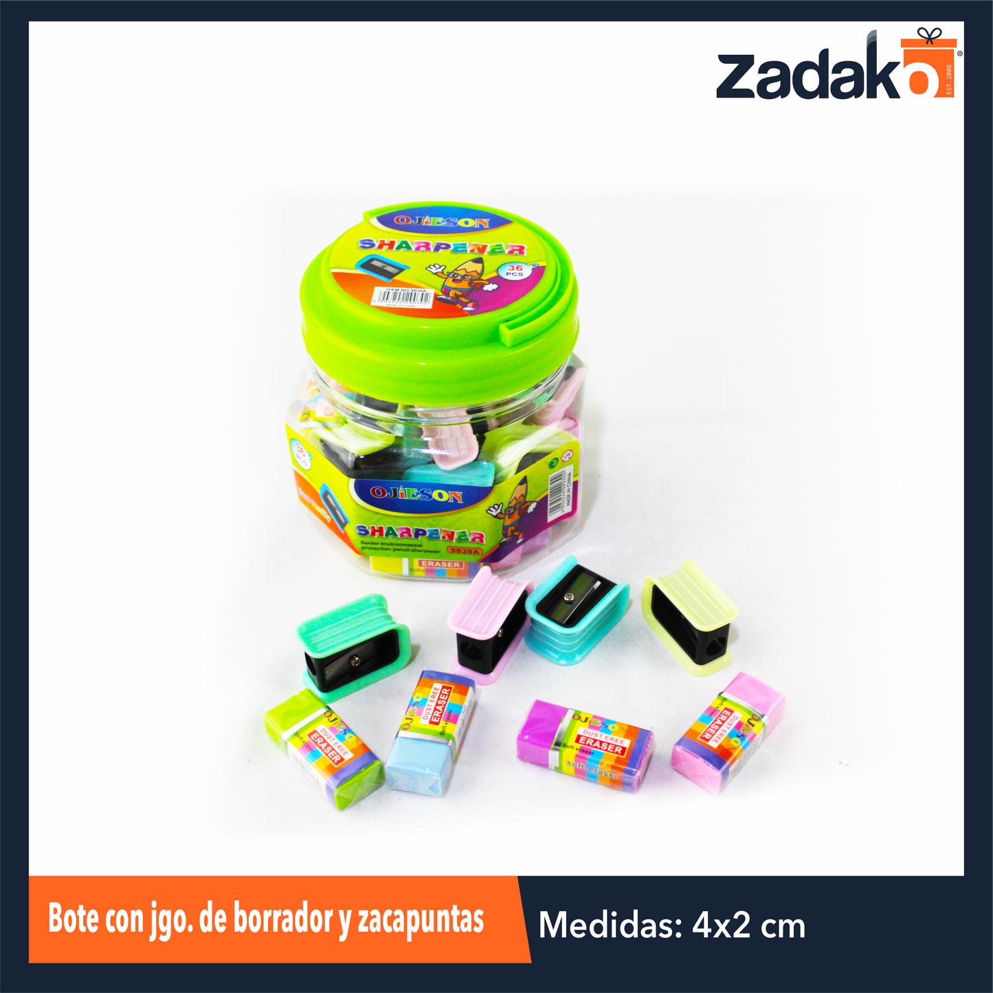 ZP-0935 BOTE CON JUEGO DE BORRADOR Y SACAPUNTAS CON 18 PIEZAS CON 1 PZ O CAJA CON 60 PQTS