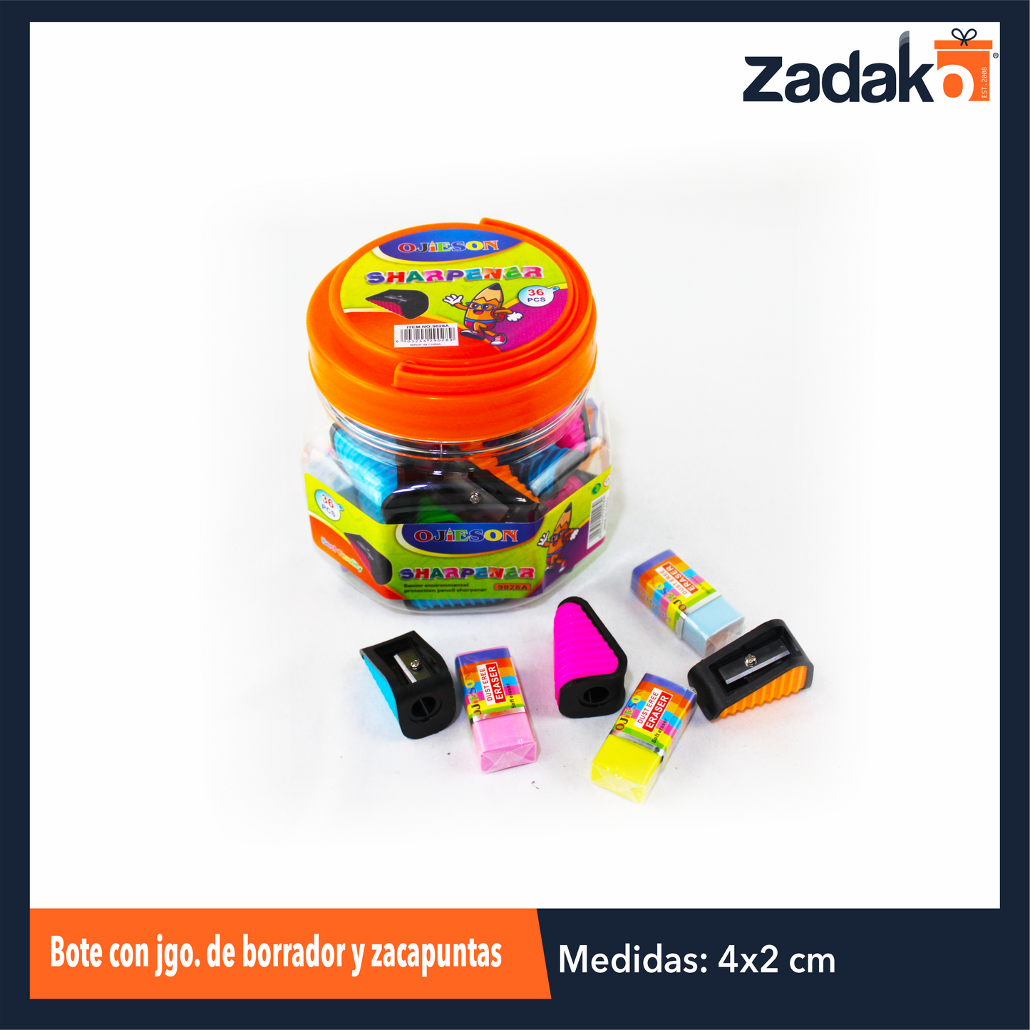 ZP-0936 BOTE CON JUEGO DE BORRADOR Y SACAPUNTAS CON 18 PIEZAS CON 1 PZ O CAJA CON 60 PQTS