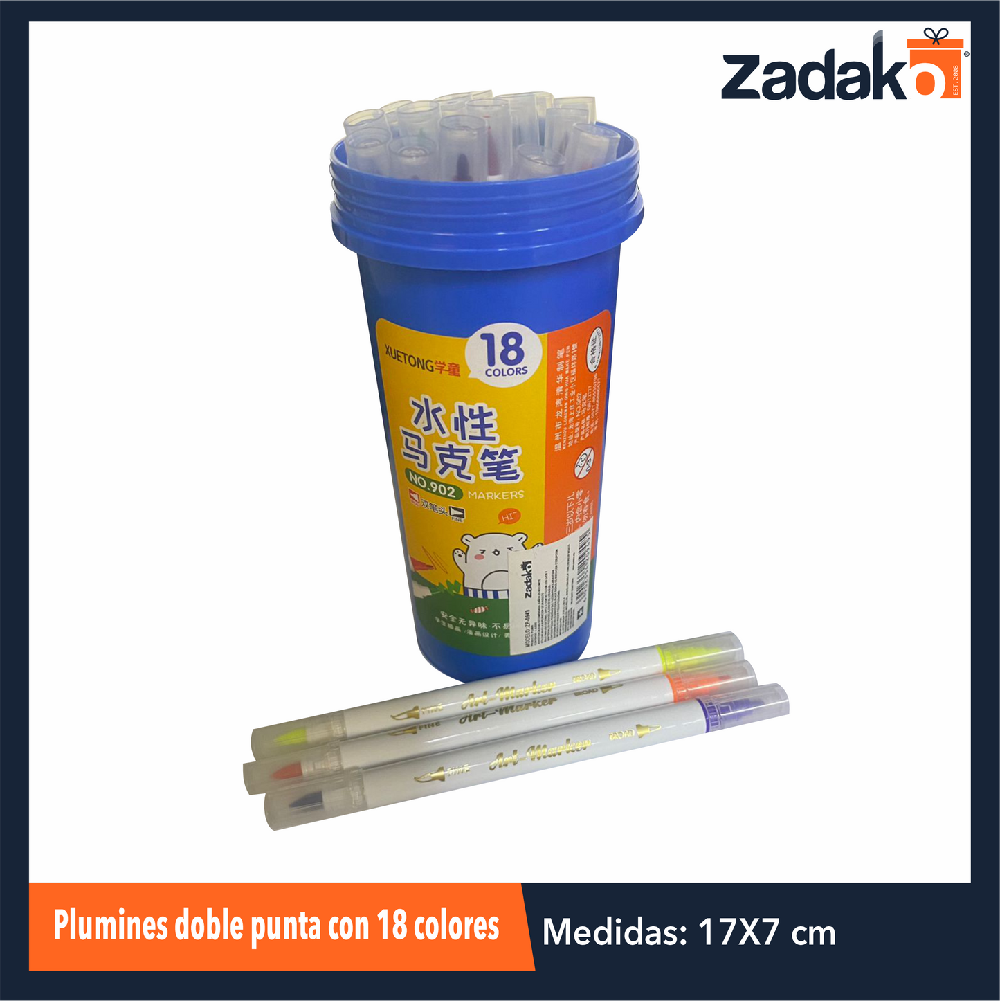 ZP-0949 PLUMINES DOBLE PUNTA CON 18 COLORES CON UNA PZ O CAJA CON 96 PQTS