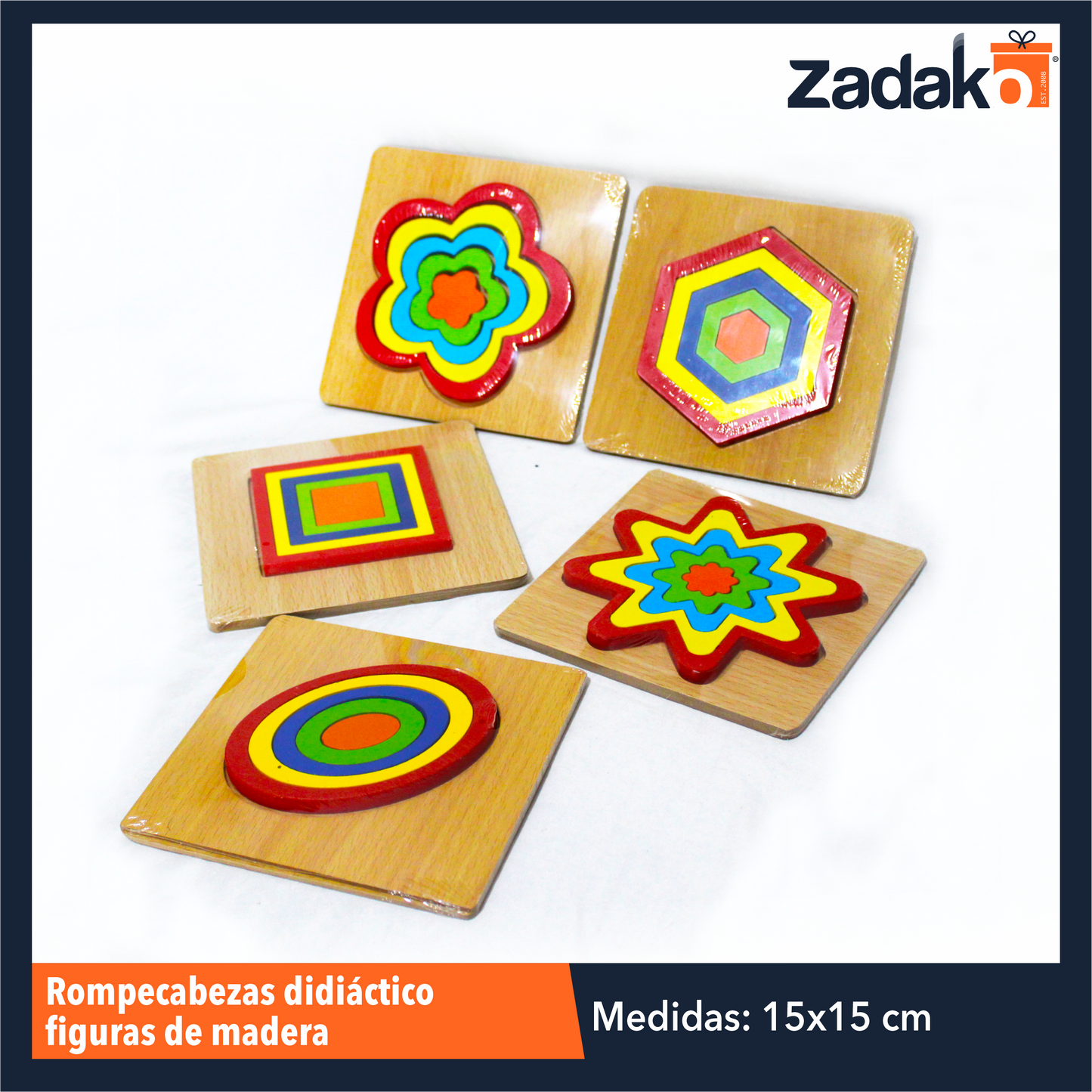 ZP-0969 JUEGO DE BLOQUES DE PATRON DE ROMPECABEZAS TRIDIMENSIONAL CON FORMAS GEOMETRIAS DE MADERA DE 0.05x15x15 CM CON 1 PZS O CAJA CON 240 PZS