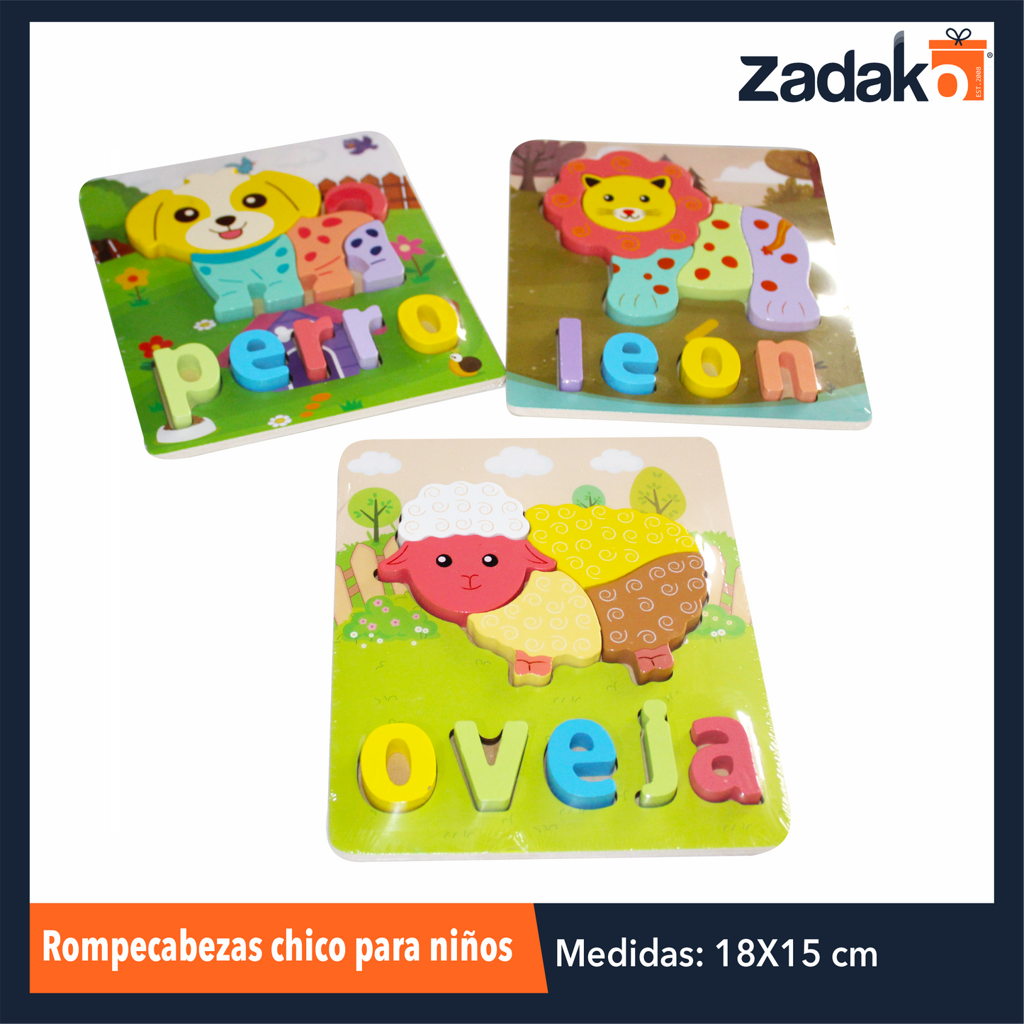 ZP-0973 ROMPECABEZAS PARA NIÑOS DE APRENDIZAJE DE ANIMALES CON SU NOMBRE DE .05x15x15 CM CON 1 PZ O CAJA CON 200 PZS