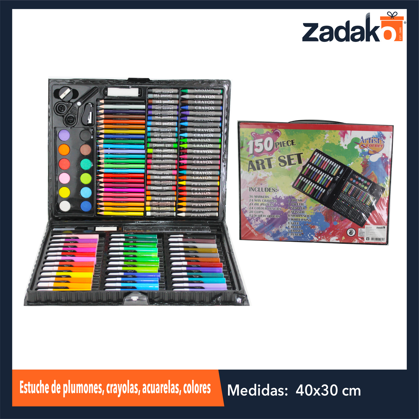 ZP-1062 ESTUCHE DE PLUMONES, CRAYOLAS, ACUARELAS, COLORES CON 1 PZ P CAJA CON 20 PZS