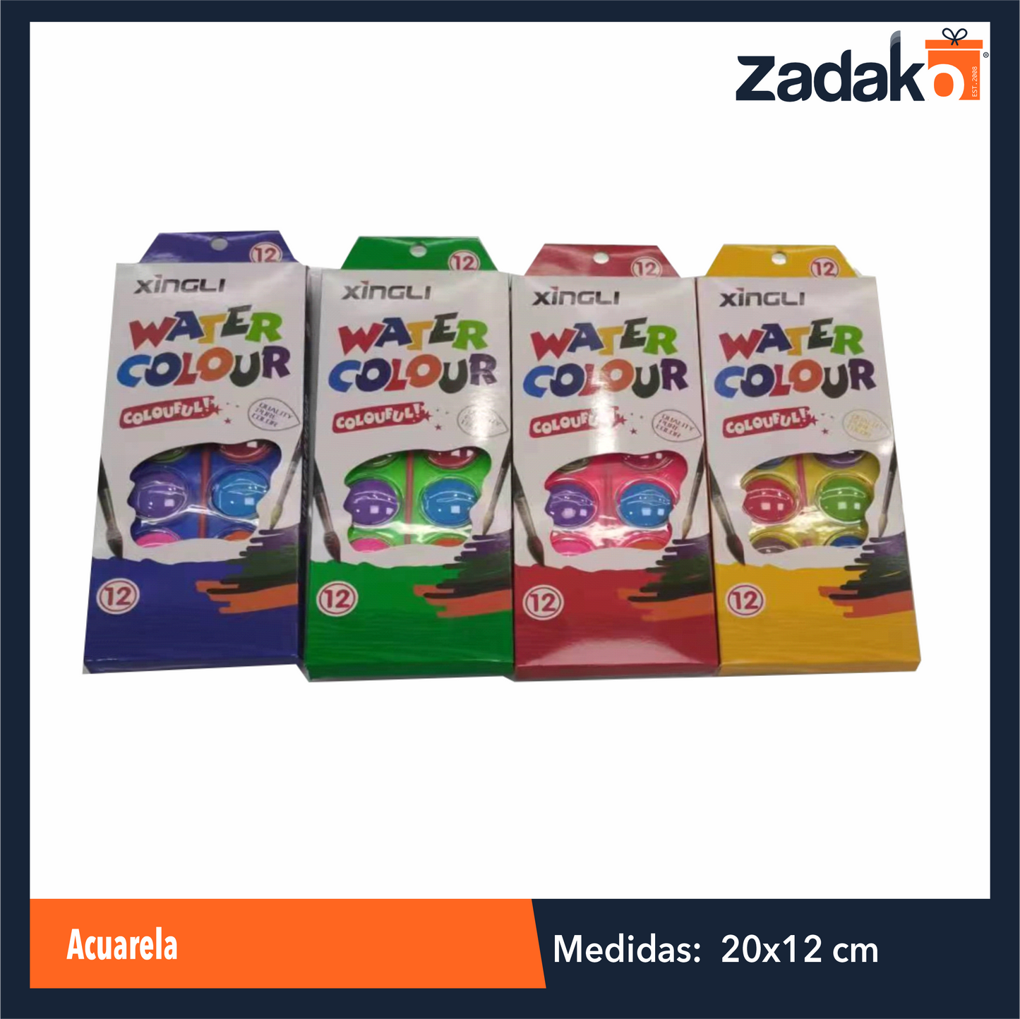 ZP-1132 ACUARELAS 12 COLORES CON 1 PZ O CAJA CON 144 PZS