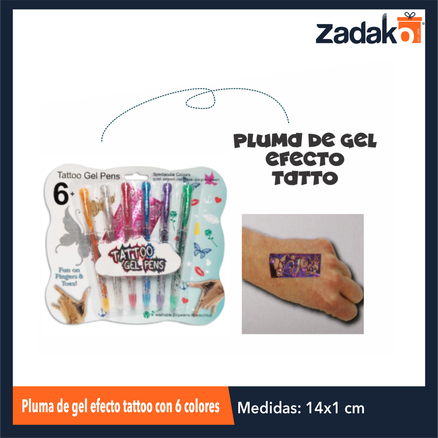 ZP-1186 PLUMA DE GEL EFECTO TATTOO CON 6 COLORES CON 1 PQT O CAJA CON 168 PQTS