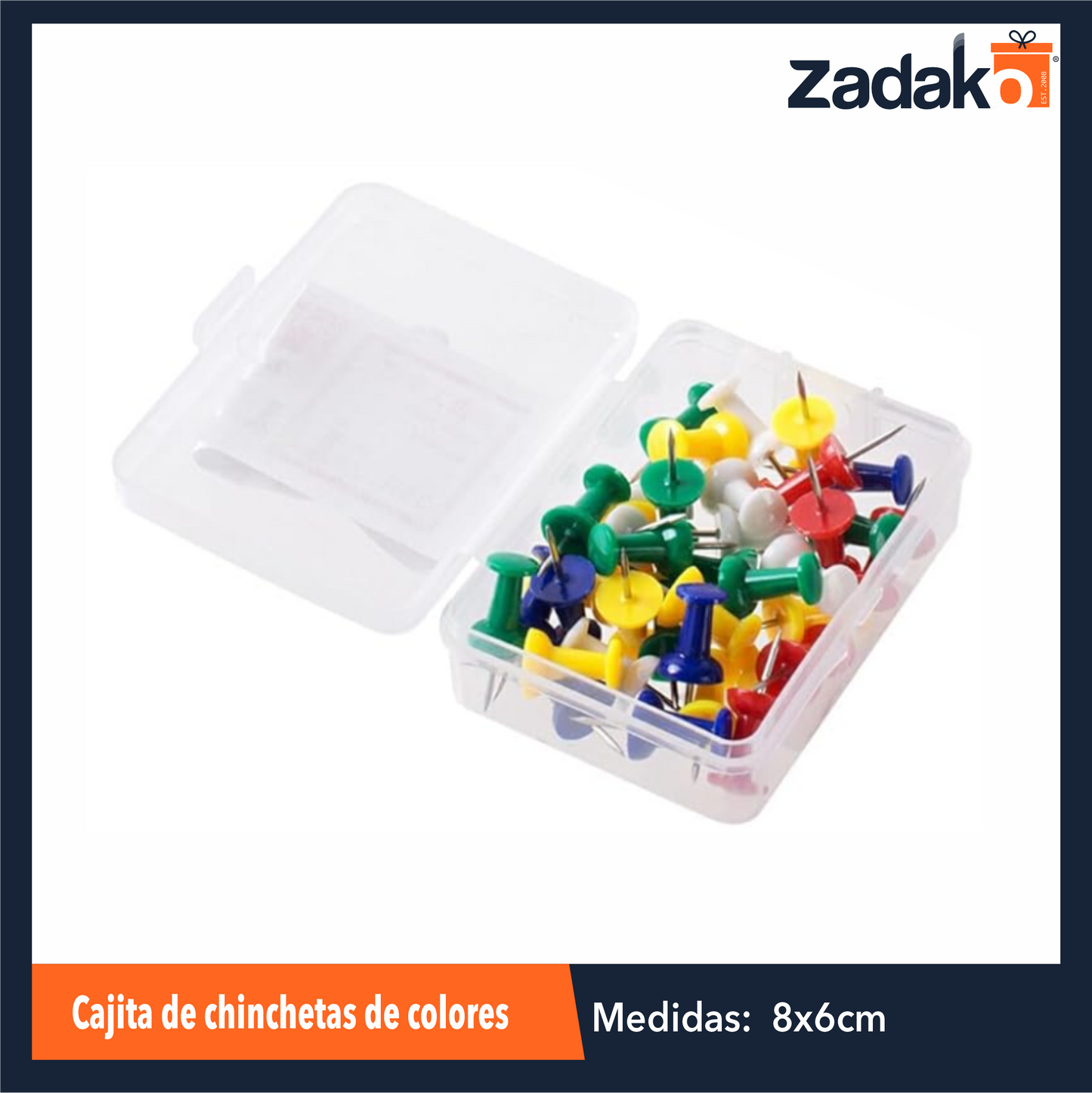 ZP-1363 ZP-1498 CAJITA DE CHINCHETAS DE COLORES CON 50 PZS CON 1 PZ O CAJA CON 480 PZS