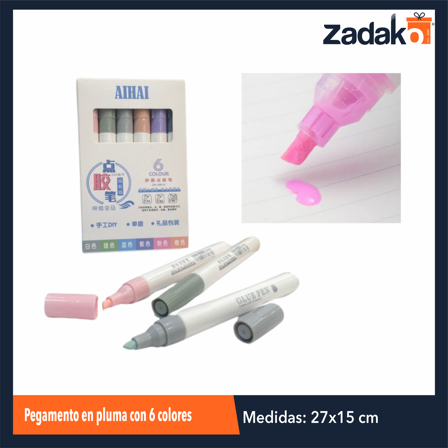 ZP-1565 PEGAMENTO EN PLUMA CON 6 COLORES CON 1 PZ O CAJA CON 192 PZS