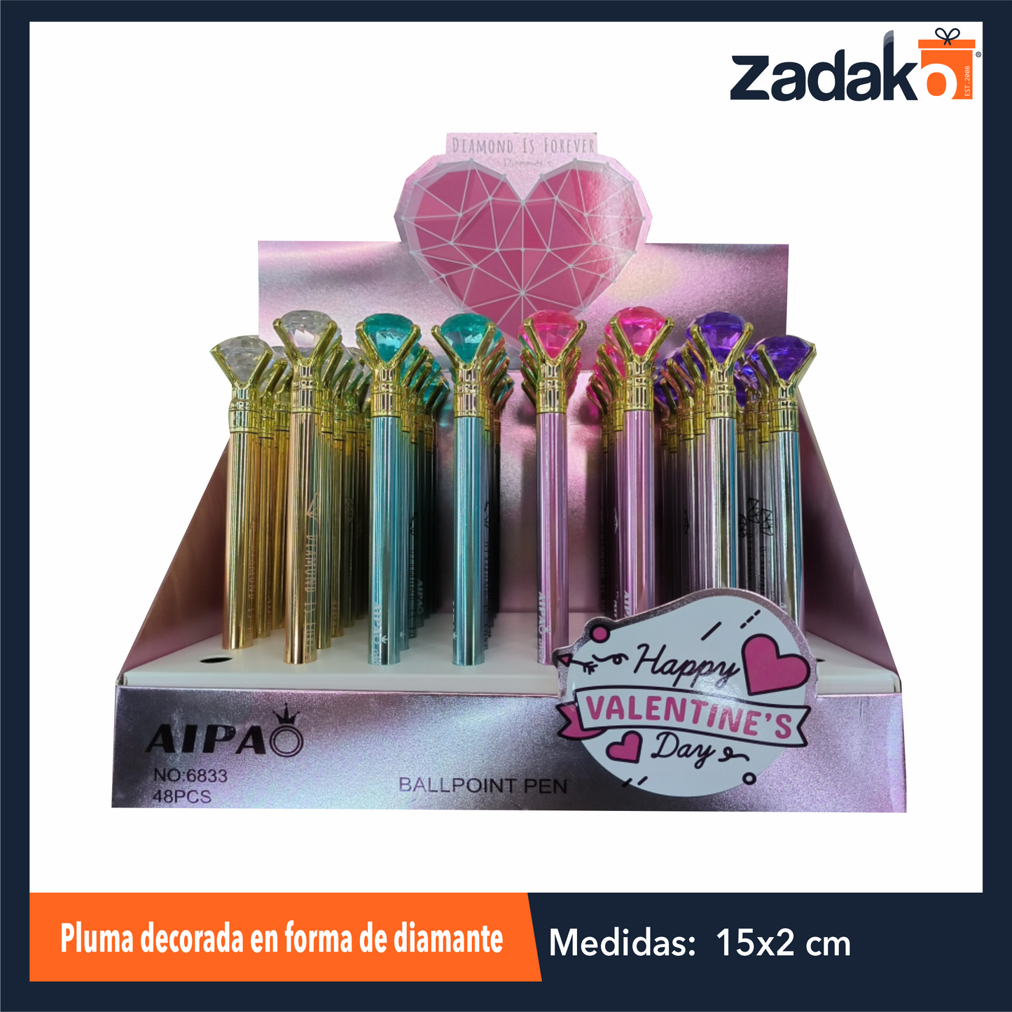 ZP-1568 PLUMA DECORADA EN FORMA DE DIAMANTE CON 48 PZS O CAJA CON 36 PQTS