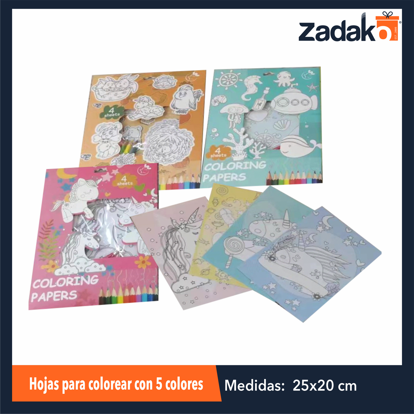 ZP-1595 HOJAS PARA COLOREAR CON 5 COLORES Y 4 DISEÑOS DIFERENTES CON 1 PZ O CAJA CON 360 PZS