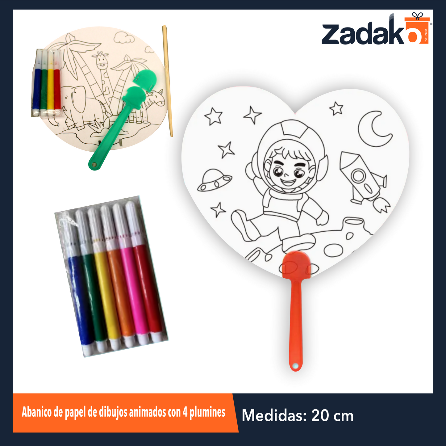 ZP-1611 ABANICO DE PAPEL DE DIBUJOS ANIMADOS CON 4 PLUMINES CON 1 PZ O CAJA CON 960 PZS