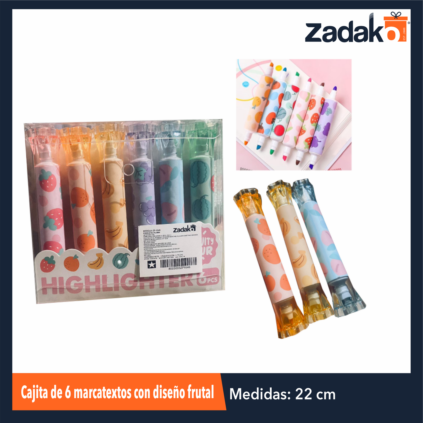 ZP-1646 CAJITA DE 6 MARCATEXTOS CON DISEÑO FRUTAL CON 1 PZ O CAJA CON 128 PZS