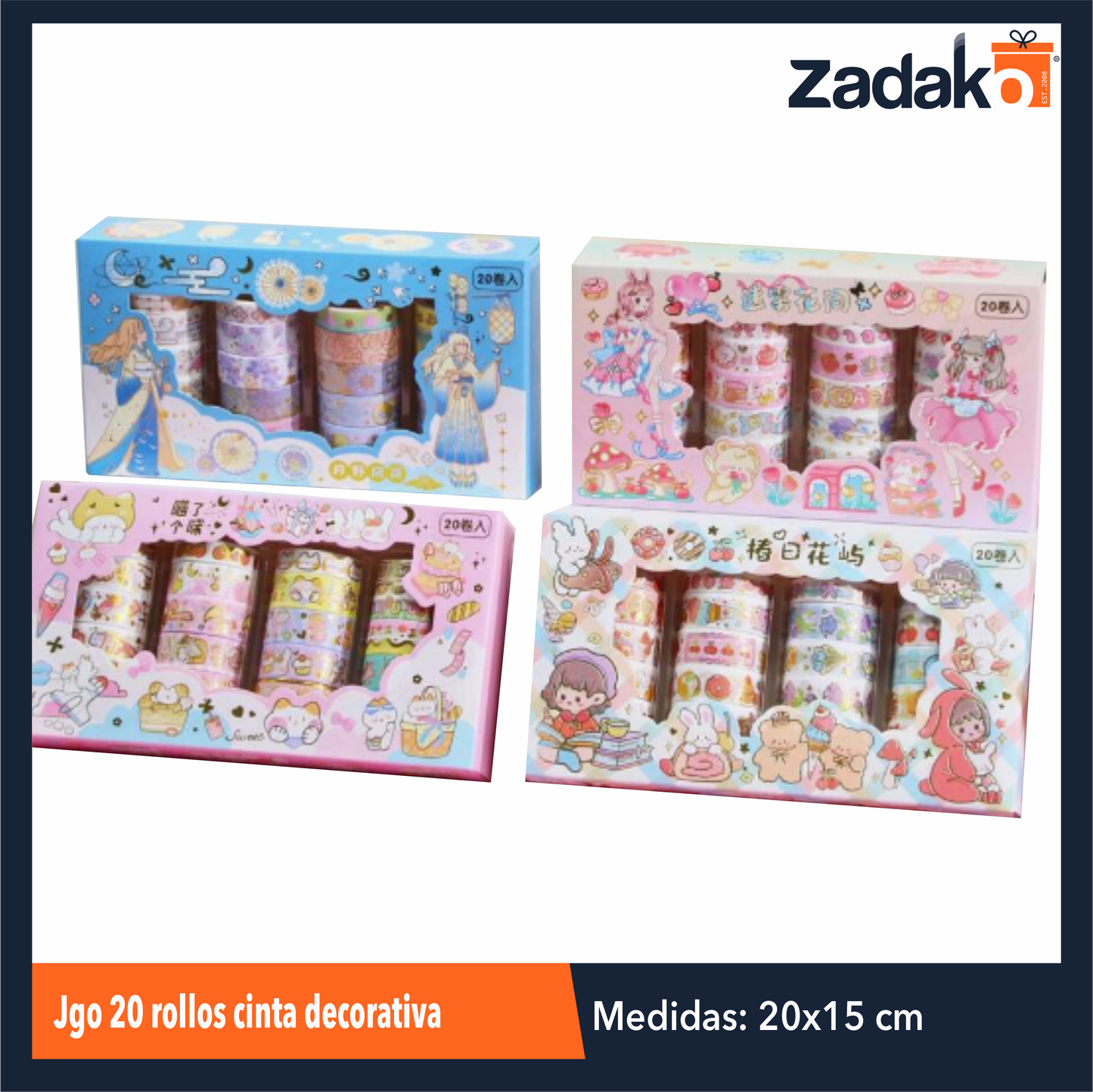 ZP-1657 JUEGO 20 ROLLOS CINTA DECORATIVA CON 1 PQT O CAJA CON 120 PQTS