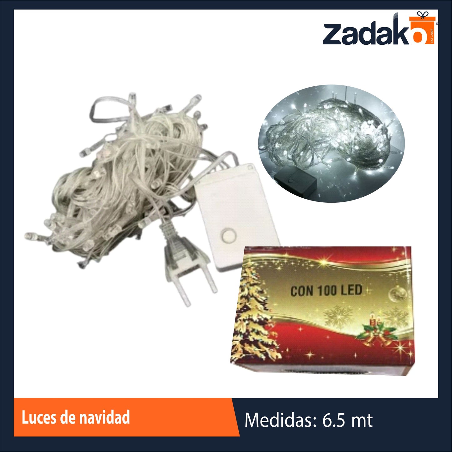ZT-0351 LUCES PARA DECORACIÓN 1.5 MM x 6.5 M, 100 CABEZALES LAMPARA CALIDA, 1 SOLO COLOR, LED V5, ENCHUFE PLANO 2 ORIFICIOS CON 1 PZ O CAJA CON 60 PZS