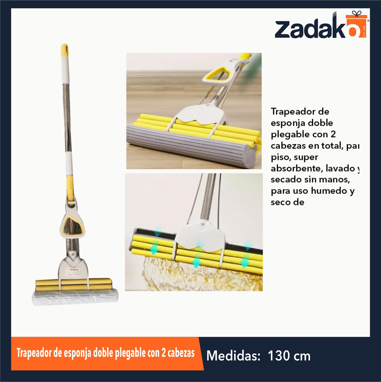 ZH-2200 TRAPEADOR DE ESPONJA DOBLE PLEGABLE CON 2 CABEZAS EN TOTAL, PARA PISO, SUPER ABSORBENTE, LAVADO Y SECADO SIN MANOS, PARA USO HUMEDO Y SECO DE 27x125.5 CM CON 1 PZ O CAJA CON 36 PZS