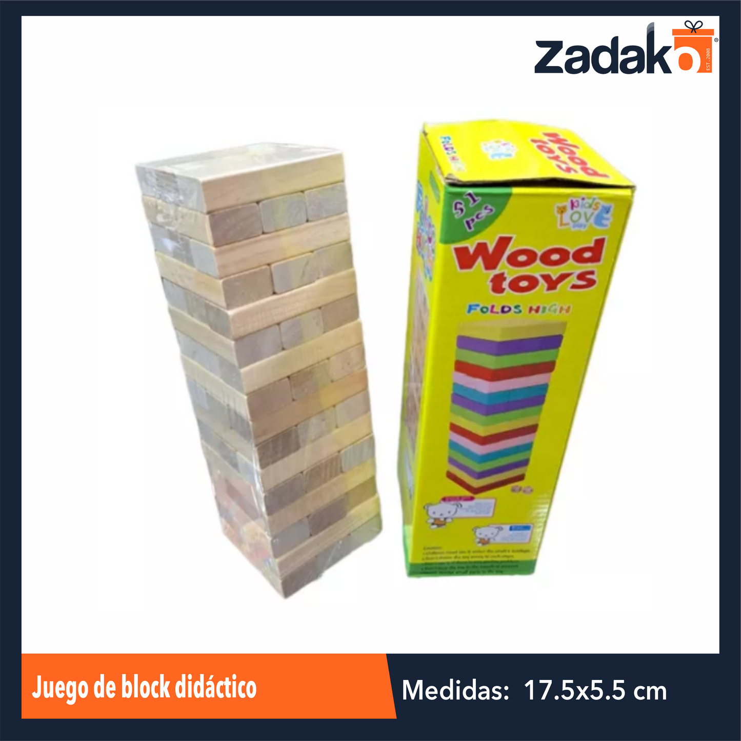 ZJ-1366 JENGA JUEGO DE BLOQUES DIDACTICO DE MADERA DE 17x5.5x5.5 CM CON 1 PZ O CAJA CON 60 PZS
