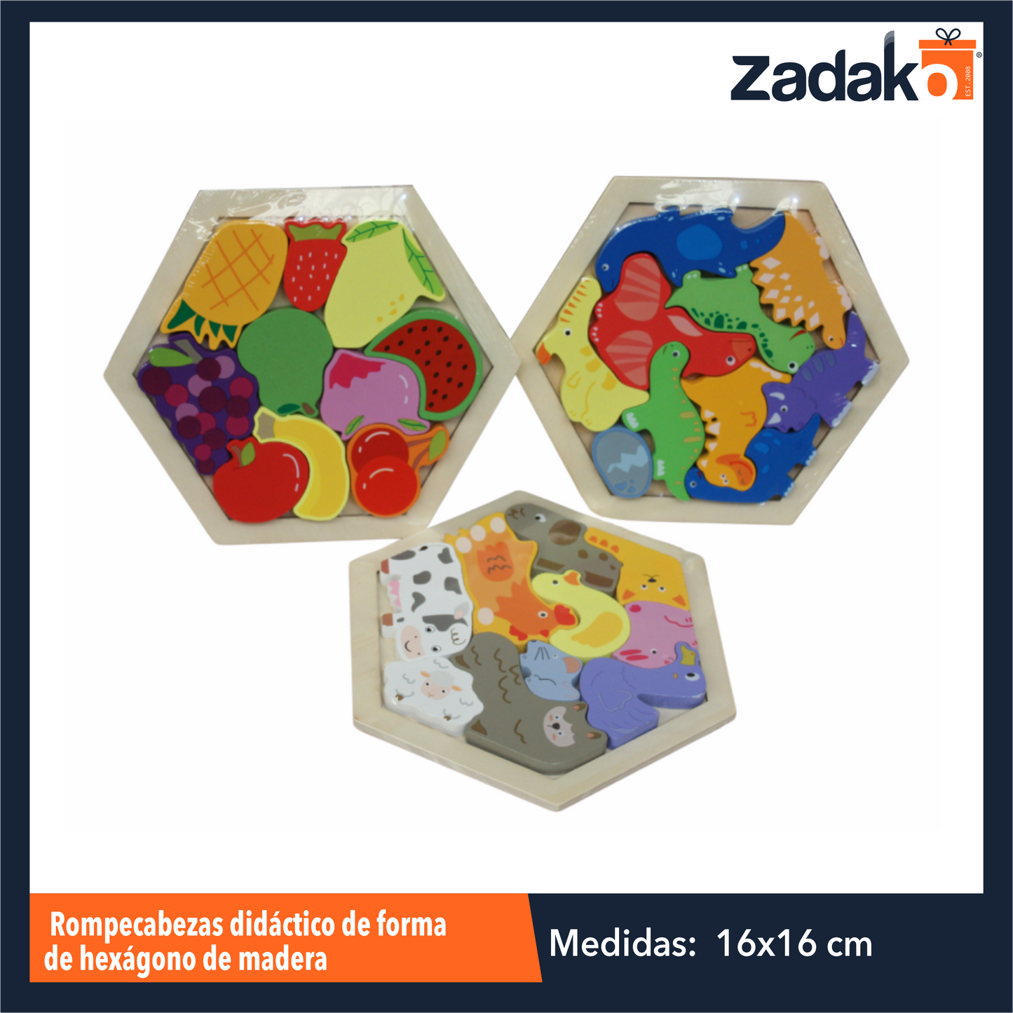 ZJ-1404 ROMPECABEZAS DIDACTICO DE FORMA DE HEXAGONO DE MADERA DE 16x16x0.3 CM CON 1 PZ O CAJA CON 120 PZS