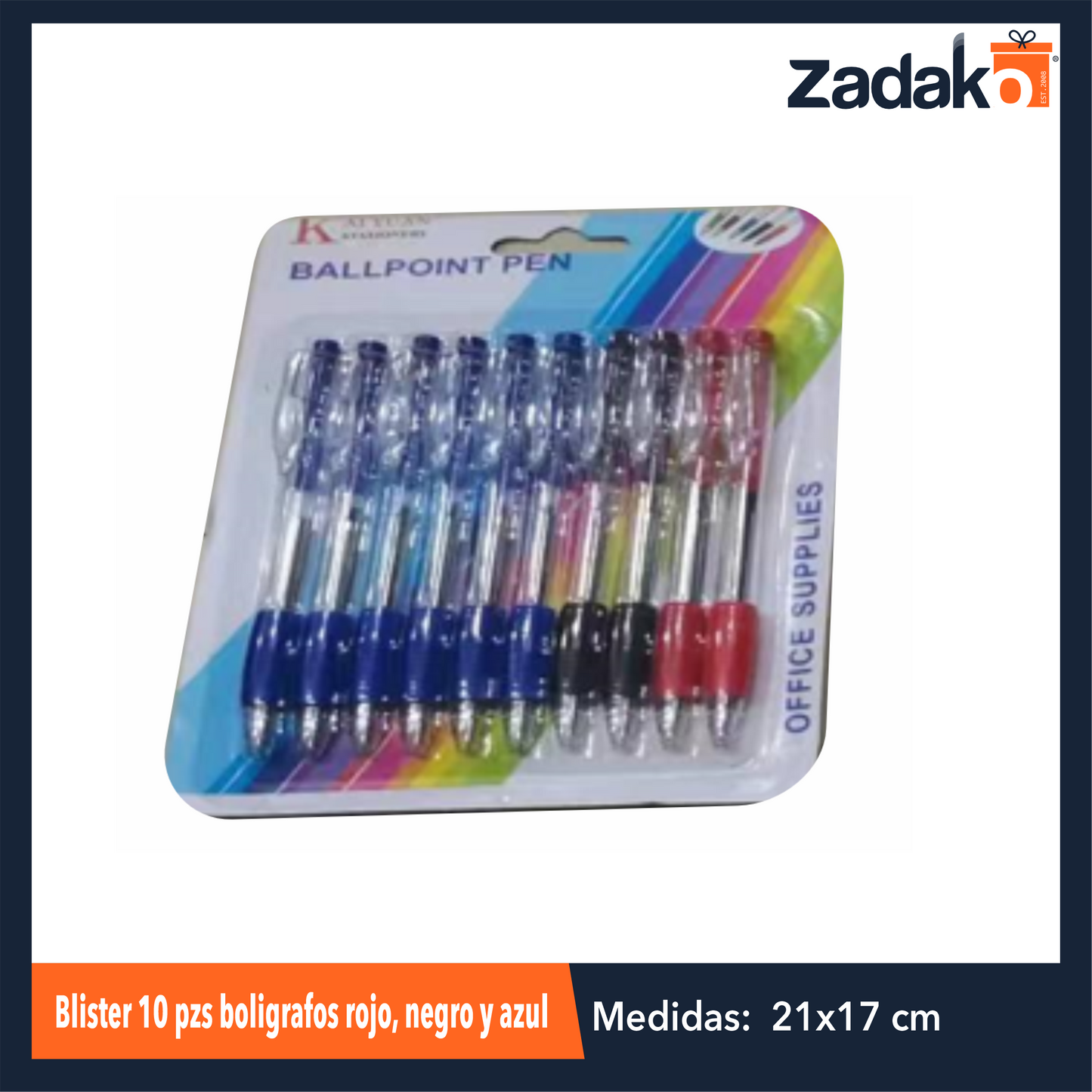 ZP-1143 BLISTER 10 PZS BOLIGRAFOS ROJO, NEGRO Y AZUL, CON 1 PZ O CAJA CON 288 PZS