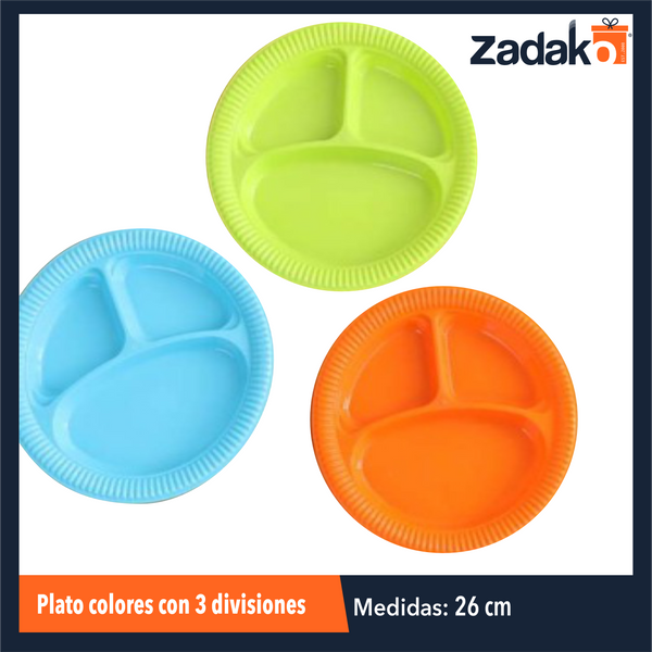 AA-1951  PLATO COLORES CON 3 DIVISIONES,CON 1 PZ O  CAJA CON 200 PZS