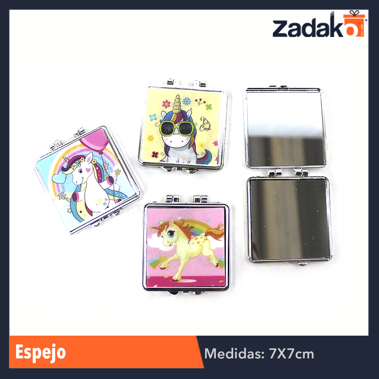 ZB-0056 ESPEJO DE BOLSILLO UNICORNIO, CON 1 PZS, O CAJA CON 600 PZS.