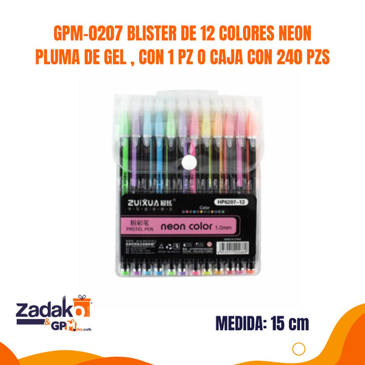 GPM-0207 BLISTER DE 12 COLORES NEON PLUMA DE GEL , CON 1 PZ O CAJA CON 240 PZS