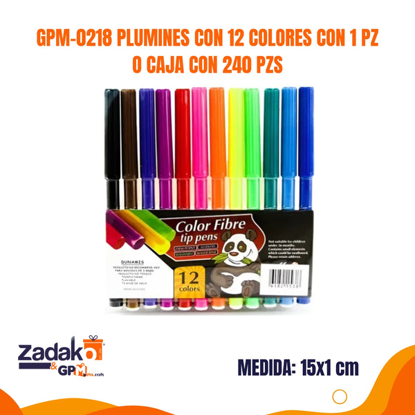 GPM-0218 PLUMINES CON 12 COLORES CON 1 PZ O CAJA CON 240 PZS