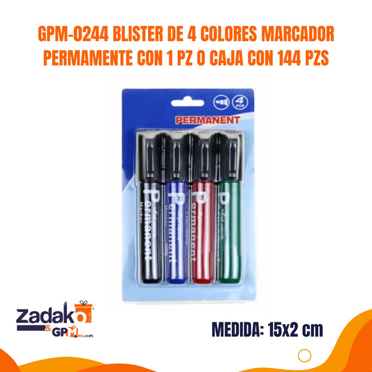 GPM-0244 BLISTER DE 4 COLORES MARCADOR PERMAMENTE CON 1 PZ O CAJA CON 144 PZS