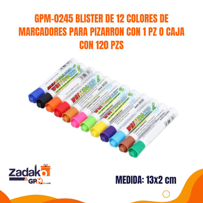 GPM-0245 BLISTER DE 12 COLORES DE MARCADORES PARA PIZARRON CON 1 PZ O CAJA CON 120 PZS