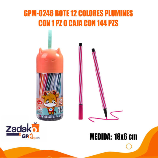 GPM-0246 BOTE 12 COLORES PLUMINES CON 1 PZ O CAJA CON 144 PZS