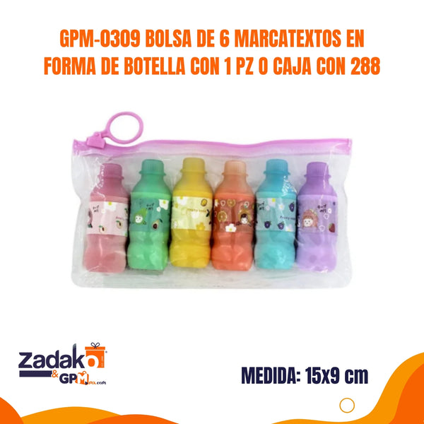 GPM-0309 BOLSA DE 6 MARCATEXTOS EN FORMA DE BOTELLA CON 1 PZ O CAJA CON 288 PZS