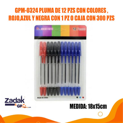 GPM-0324 PLUMA DE 12 PZS CON COLORES ,ROJO,AZUL Y NEGRA CON 1 PZ O CAJA CON 300 PZS