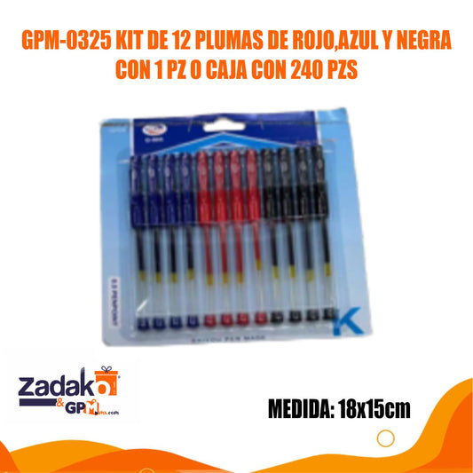 GPM-0325 KIT DE 12 PLUMAS DE ROJO,AZUL Y NEGRA CON 1 PZ O CAJA CON 240 PZS