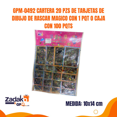 GPM-0492 CARTERA 20 PZS DE TARJETAS DE DIBUJO DE RASCAR MAGICO CON 1 PQT O CAJA CON 100 PQTS