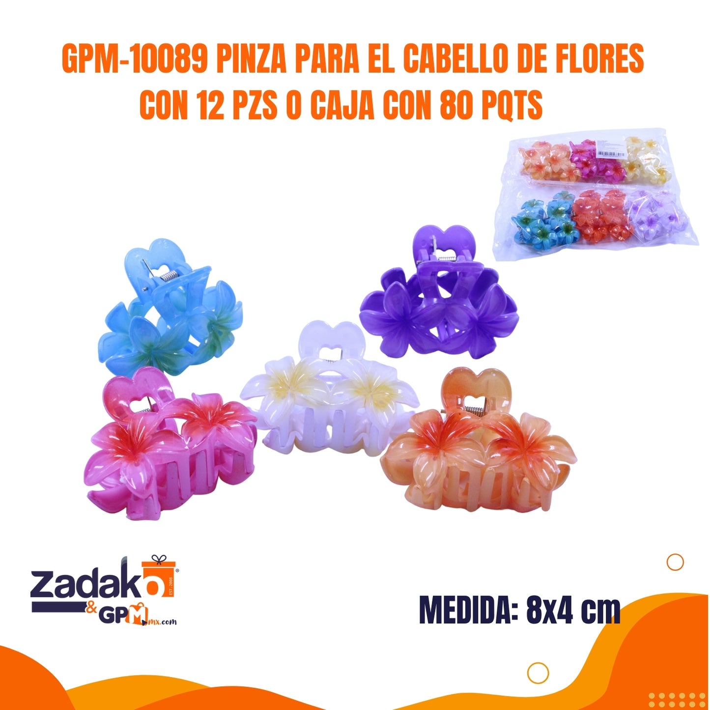 GPM-10089 PINZA PARA EL CABELLO DE FLORES CON 12 PZS O CAJA CON 80 PQTS