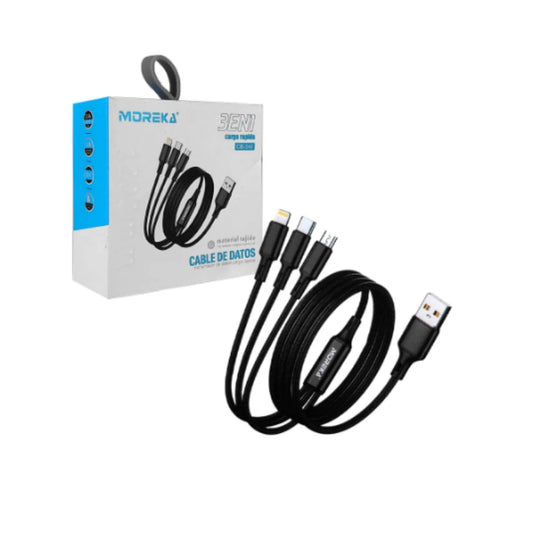 CB-046 CABLE USB 3 EN 1 MOREKA DE 1200MM CON ENTRADA TIPO C, V8 Y LIGHTNING PARA TRANSFERENCIA DE DATOS Y CARGA RÁPIDA CON 1 PZ O CAJA CON 200 PZS