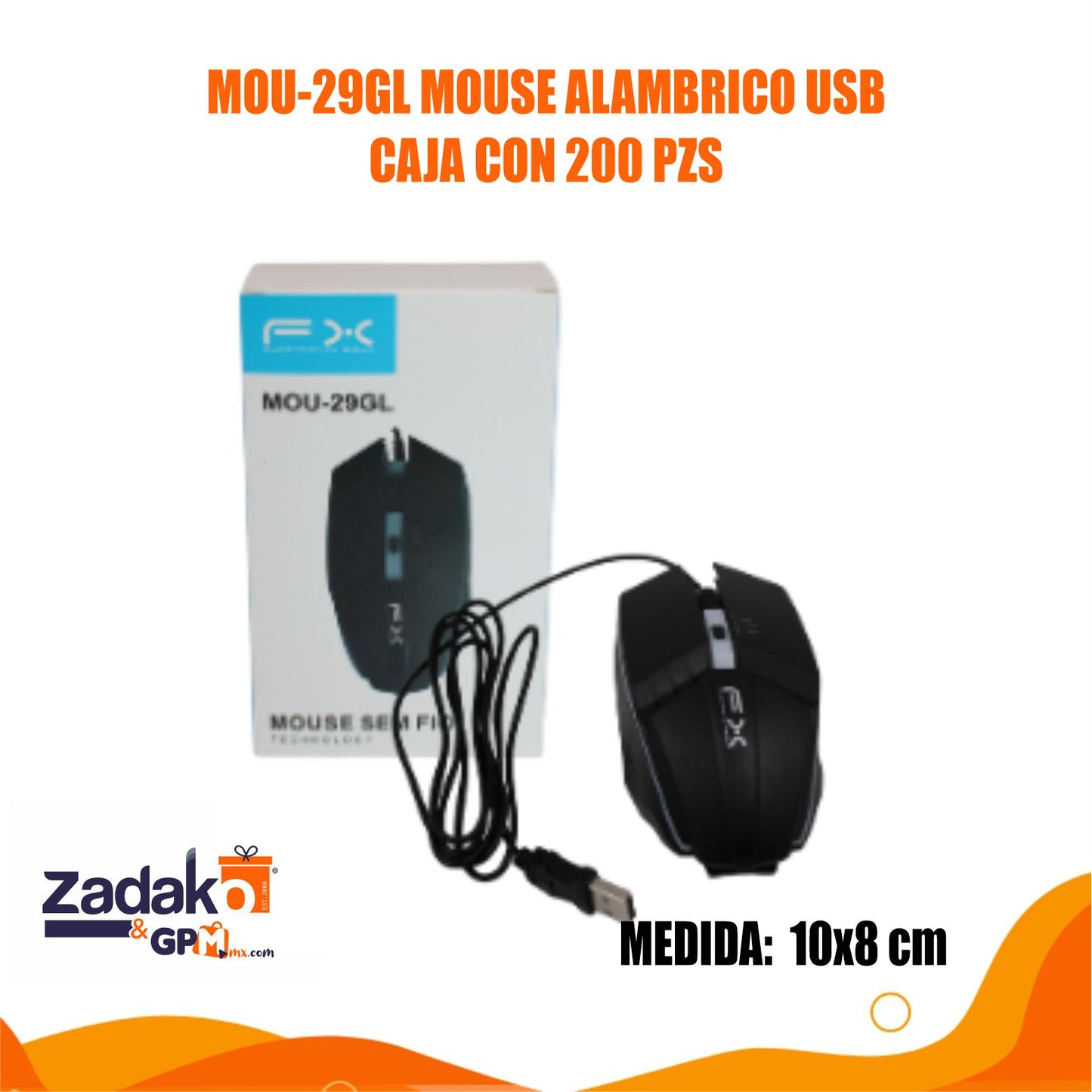 MOU-29GL MOUSE ALAMBRICO USB CAJA CON 200 PZS