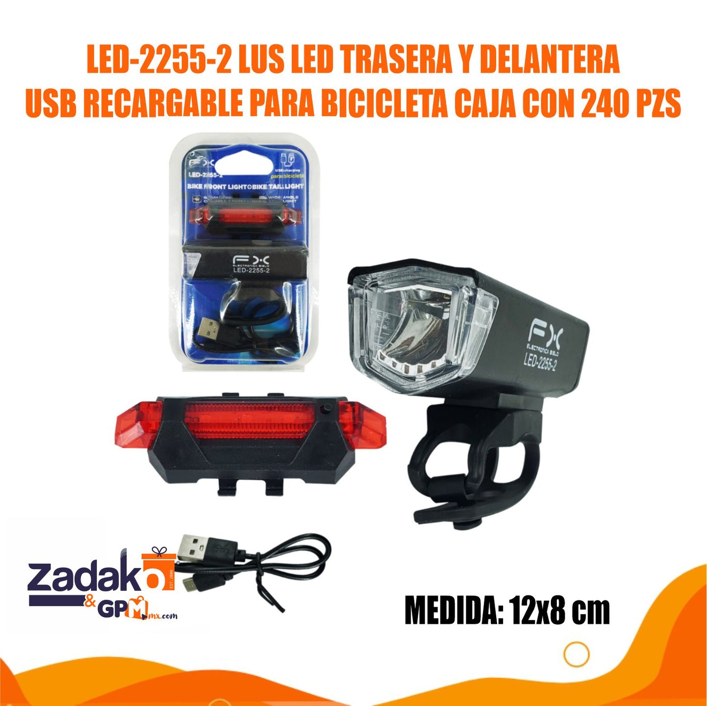 LED-2255-2 LUS LED TRASERA Y DELANTERA USB RECARGABLE PARA BICICLETA CAJA CON 240 PZS