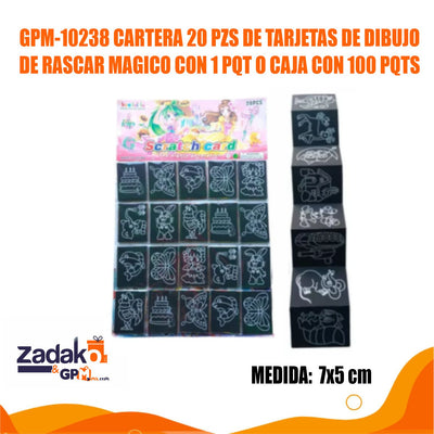 GPM-10238 CARTERA DE 20 TARJETAS DE DIBUJO DE RASCAR MAGICO CON 1 PQT O CAJA CON 100 PQTS