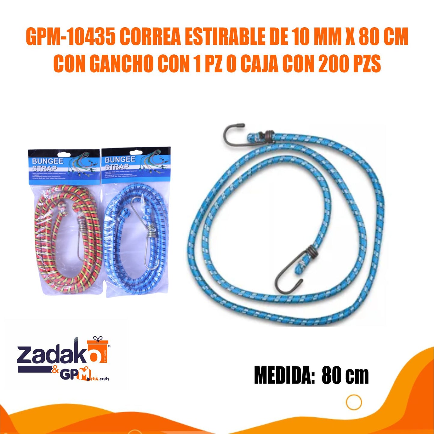 GPM-10435 CORREA ESTIRABLE DE 10 MM X 80 CM CON GANCHO CON 1 PZ O CAJA CON 200 PZS