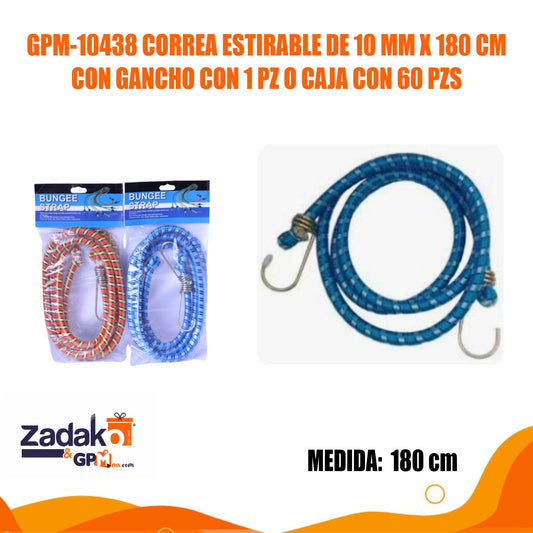 GPM-10438 CORREA ESTIRABLE DE 10 MM X 180 CM CON GANCHO CON 1 PZ O CAJA CON 60 PZS