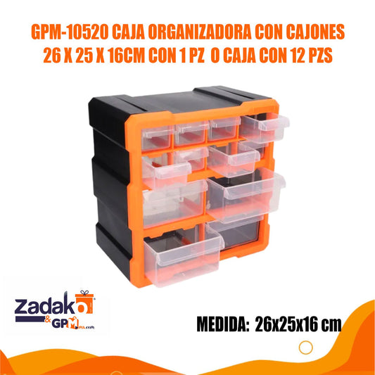 GPM-10520 CAJA ORGANIZADORA CON CAJONES 26x25x16CM CON 1 PZ  O CAJA CON 12 PZS