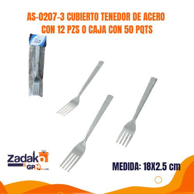 AS-0207-3 CUBIERTO TENEDOR DE ACERO CON 12 PZS O CAJA CON 50 PQTS