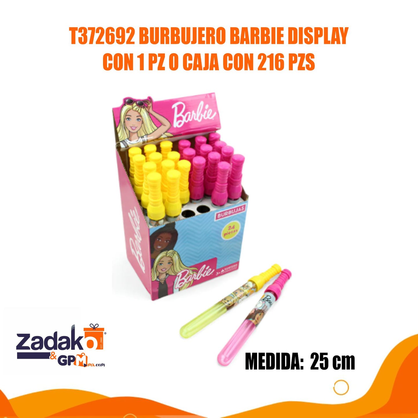 T372692 BURBUJERO BARBIE DISPLAY CON 1 PZ O CAJA CON 216 PZS
