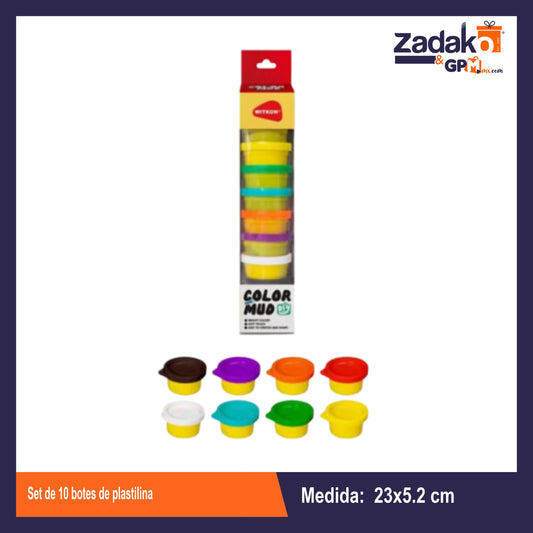 GPM-10859 SET DE 10 BOTES DE PLASTILINA CON 1 PQT O CAJA CON 72 PQTS