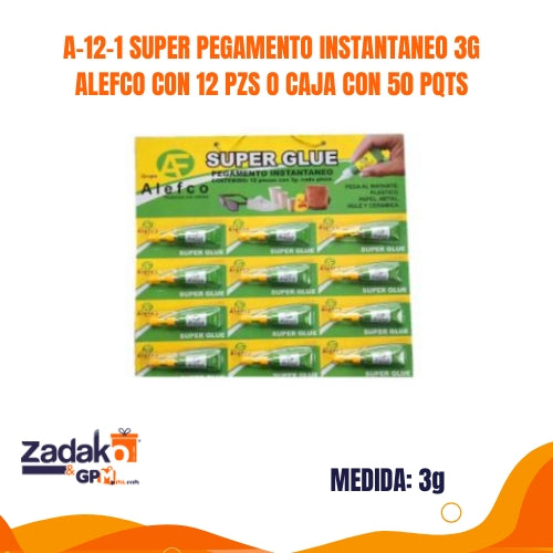 A-12-1 SUPER PEGAMENTO INSTANTANEO 3G ALEFCO CON 12 PZS O CAJA CON 50 PQTS