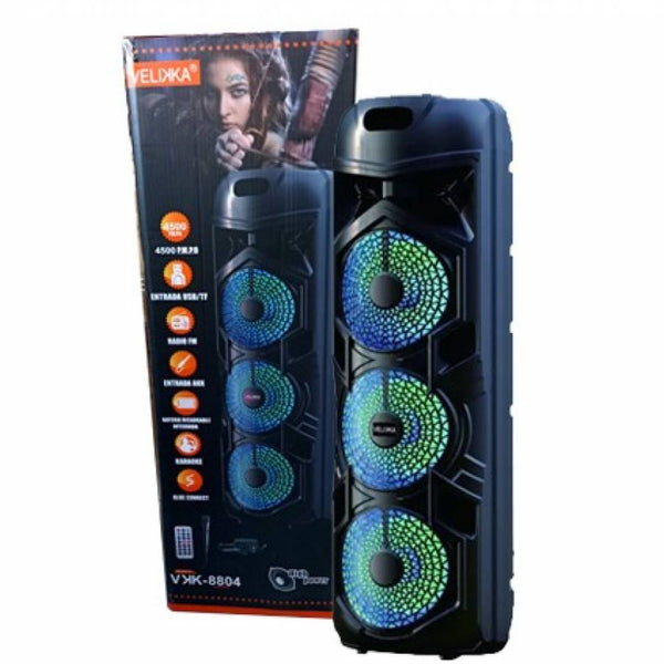 VKK-8804 BOCINA TRIPLE DE 8 PULGADAS REPRODUCE: USB/SD/AUX IN/FM/BLUETOOTH/TWS.  ACCESORIOS CABLE/CONTROL REMOTO/MICROFONO ALAMBRICO   MEDIDAS UNITARIAS 31x31x94 CM CON 1 PZ POR CAJA