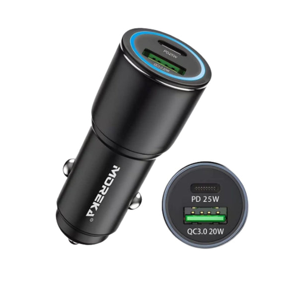 CP005 CARGADOR DE CARRO ENTRADA USB + TIPO-C 45W CON 1 PZ O CAJA CON 100 PZS