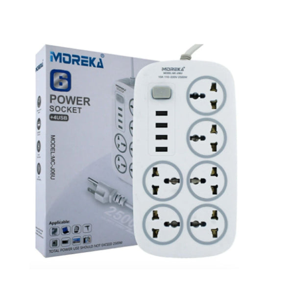 MC-J06C BARRA MULTICONTACTO MOREKA CON 6 TOMACORRIENTES Y 4 PUERTOS USB, 2500W CON 1 PZ O CAJA CON 48 PZS