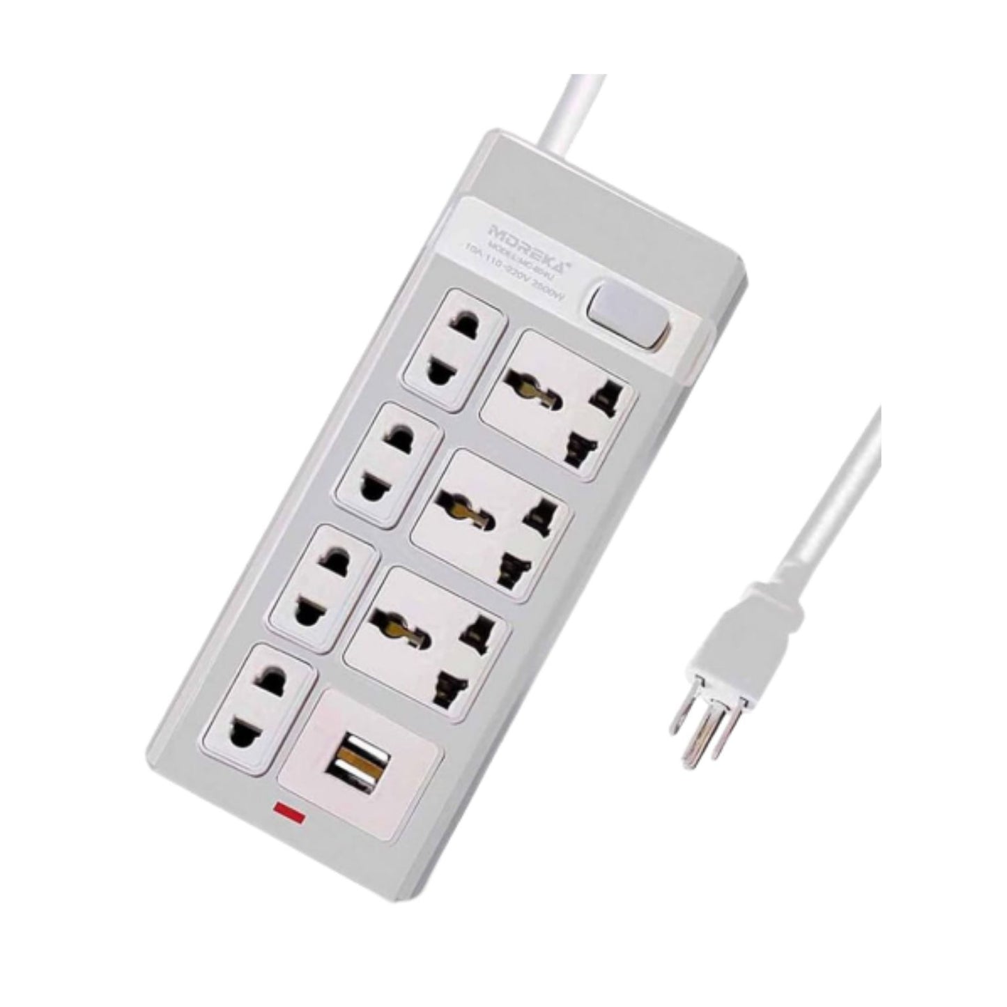 MC-004U BARRA MULTICONTACTO MOREKA CON 7 ENCHUFES TOMACORRIENTES Y 2 PUERTOS USB, 25000W CON 1 PZ O CAJA CON 52 PZS