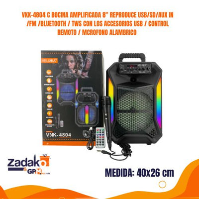 VKK-4804 C BOCINA AMPLIFICADA 8" REPRODUCE USB/SD/AUX IN /FM /BLUETOOTH / TWS CON LOS ACCESORIOS USB / CONTROL REMOTO / MCROFONO ALAMBRICO / MEDIDAS UNITARIAS 30 CM *26 CM *40 CM CON 1 PZ