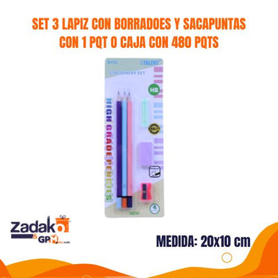 M4-3H-35 SET 3 LAPIZ CON BORRADOES Y SACAPUNTAS CON 1 PQT O CAJA CON 480 PQTS