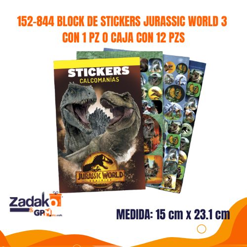 152-844 BLOCK DE STICKERS JURASSIC WORLD 3 CON 1 PZ O CAJA CON 12 PZS